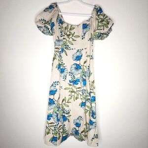 Tulip Creations Floral Short Puff Sleeve Smocked Back Midi Dress M